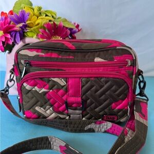 Lug EUC Carousel convertible crossbody bag pink & green "camo orchid" pattern.